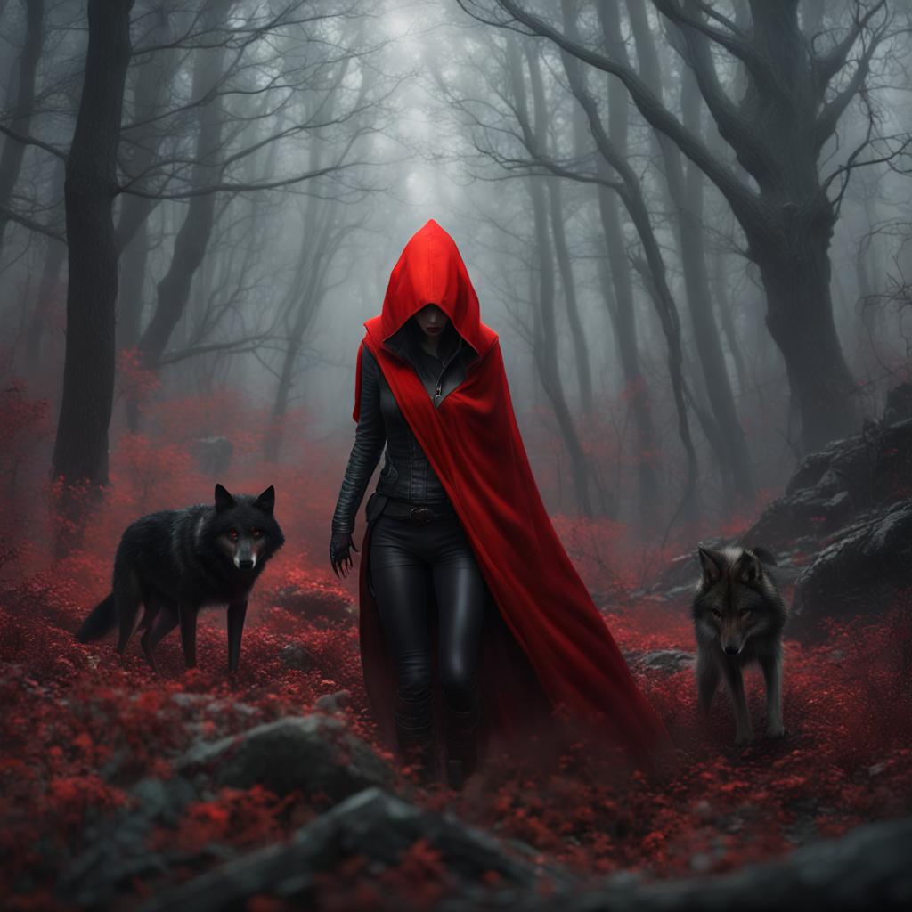 red riding hood im a misty forest.