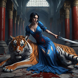 Lady sitting on a tiger.