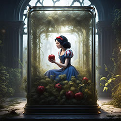 lady sitting in a glass box with an apple.