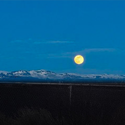 Yellow moon with a mountain backround sky with fences towards the bottom.