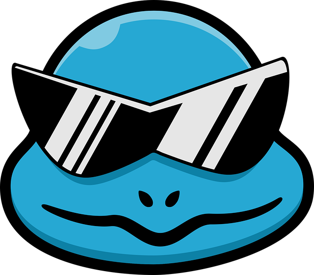 Blue animated turtle with cool shaded glasses with a little bit of light reflecting off of it.