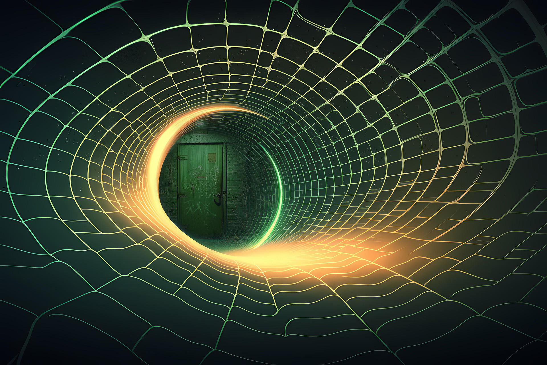 I green grided tunnel with stars centers into an eery door.